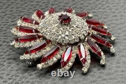 VTG Huge Attributed To Kramer Red Rhinestone Starburst Brooch Silver Tone Pin