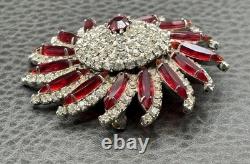 VTG Huge Attributed To Kramer Red Rhinestone Starburst Brooch Silver Tone Pin