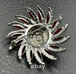 VTG Huge Attributed To Kramer Red Rhinestone Starburst Brooch Silver Tone Pin