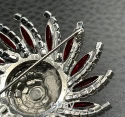 VTG Huge Attributed To Kramer Red Rhinestone Starburst Brooch Silver Tone Pin