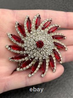 VTG Huge Attributed To Kramer Red Rhinestone Starburst Brooch Silver Tone Pin