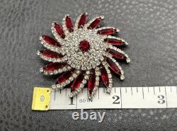 VTG Huge Attributed To Kramer Red Rhinestone Starburst Brooch Silver Tone Pin