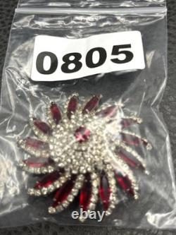 VTG Huge Attributed To Kramer Red Rhinestone Starburst Brooch Silver Tone Pin