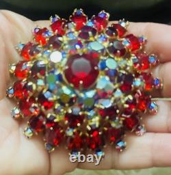 VTG JULIANA D&E Brooch Pin Verified Statement Flower Red Rhinestone 3x3x1