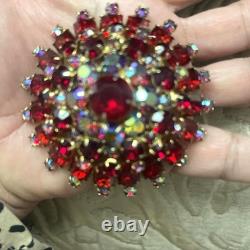 VTG JULIANA D&E Brooch Pin Verified Statement Flower Red Rhinestone 3x3x1