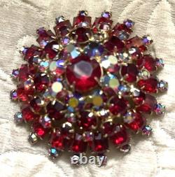 VTG JULIANA D&E Brooch Pin Verified Statement Flower Red Rhinestone 3x3x1