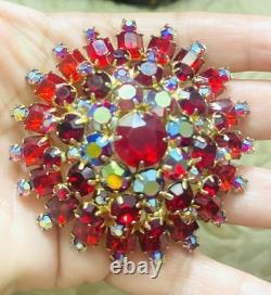 VTG JULIANA D&E Brooch Pin Verified Statement Flower Red Rhinestone 3x3x1