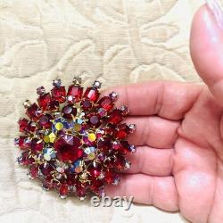 VTG JULIANA D&E Brooch Pin Verified Statement Flower Red Rhinestone 3x3x1