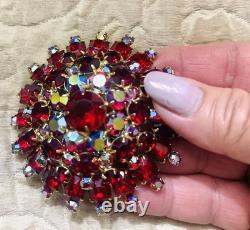 VTG JULIANA D&E Brooch Pin Verified Statement Flower Red Rhinestone 3x3x1