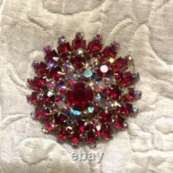 VTG JULIANA D&E Brooch Pin Verified Statement Flower Red Rhinestone 3x3x1