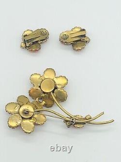 VTG JULIANA/REGENCY Orange Pink Glass Rhinestone Flower Brooch Pin Earrings Set