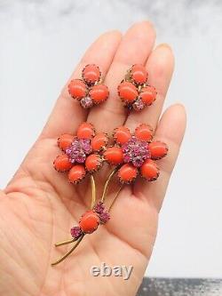 VTG JULIANA/REGENCY Orange Pink Glass Rhinestone Flower Brooch Pin Earrings Set