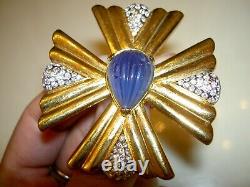 VTG Jomaz Blue Art Glass Cabochon Rhinestone Majestic Maltese Cross Brooch Pin