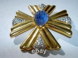 VTG Jomaz Blue Art Glass Cabochon Rhinestone Majestic Maltese Cross Brooch Pin
