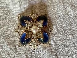 VTG Jomaz Gold Tone Oval Faux Lapis Stones And Pave Rhinestones Starburst Brooch