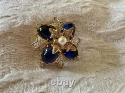 VTG Jomaz Gold Tone Oval Faux Lapis Stones And Pave Rhinestones Starburst Brooch