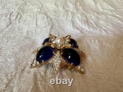 VTG Jomaz Gold Tone Oval Faux Lapis Stones And Pave Rhinestones Starburst Brooch