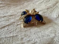 VTG Jomaz Gold Tone Oval Faux Lapis Stones And Pave Rhinestones Starburst Brooch