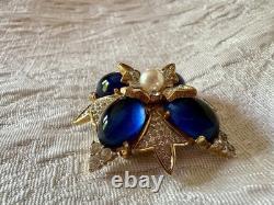 VTG Jomaz Gold Tone Oval Faux Lapis Stones And Pave Rhinestones Starburst Brooch