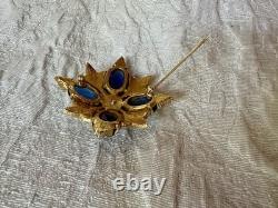 VTG Jomaz Gold Tone Oval Faux Lapis Stones And Pave Rhinestones Starburst Brooch