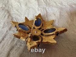 VTG Jomaz Gold Tone Oval Faux Lapis Stones And Pave Rhinestones Starburst Brooch