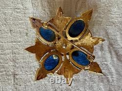 VTG Jomaz Gold Tone Oval Faux Lapis Stones And Pave Rhinestones Starburst Brooch