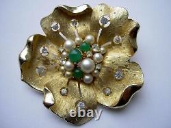 VTG Jomaz Pearl Green Glass Jade Cabochon Rhinestone Rare Flower Huge Brooch Pin