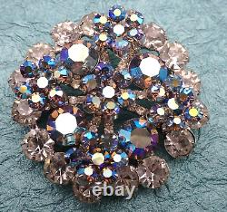 VTG Juliana Blue AB Clear Rhinestone Layered Flower Round Silver Tone Pin Brooch