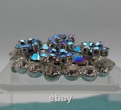 VTG Juliana Blue AB Clear Rhinestone Layered Flower Round Silver Tone Pin Brooch