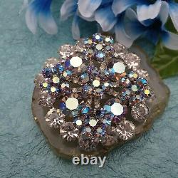 VTG Juliana Blue AB Clear Rhinestone Layered Flower Round Silver Tone Pin Brooch