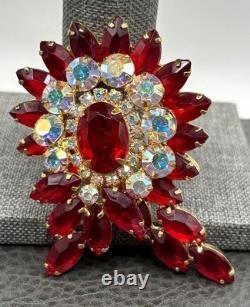 VTG Juliana Red Rhinestone Flower Brooch Aurora Borealis Crystal Gold Tone