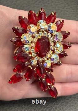 VTG Juliana Red Rhinestone Flower Brooch Aurora Borealis Crystal Gold Tone