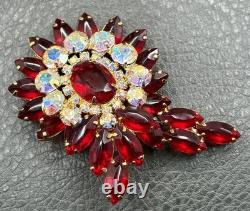 VTG Juliana Red Rhinestone Flower Brooch Aurora Borealis Crystal Gold Tone