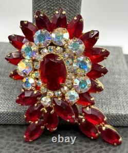 VTG Juliana Red Rhinestone Flower Brooch Aurora Borealis Crystal Gold Tone