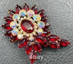 VTG Juliana Red Rhinestone Flower Brooch Aurora Borealis Crystal Gold Tone