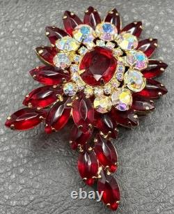 VTG Juliana Red Rhinestone Flower Brooch Aurora Borealis Crystal Gold Tone