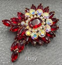 VTG Juliana Red Rhinestone Flower Brooch Aurora Borealis Crystal Gold Tone