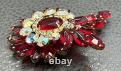 VTG Juliana Red Rhinestone Flower Brooch Aurora Borealis Crystal Gold Tone