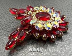 VTG Juliana Red Rhinestone Flower Brooch Aurora Borealis Crystal Gold Tone