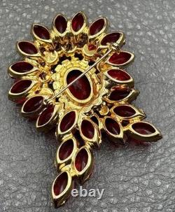 VTG Juliana Red Rhinestone Flower Brooch Aurora Borealis Crystal Gold Tone