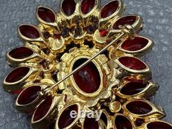 VTG Juliana Red Rhinestone Flower Brooch Aurora Borealis Crystal Gold Tone