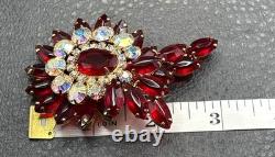 VTG Juliana Red Rhinestone Flower Brooch Aurora Borealis Crystal Gold Tone