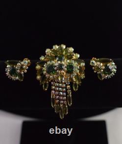 VTG Juliana Shades Of Green Navette Tassel Rhinestone Brooch Earring Set Read
