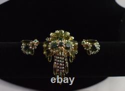 VTG Juliana Shades Of Green Navette Tassel Rhinestone Brooch Earring Set Read