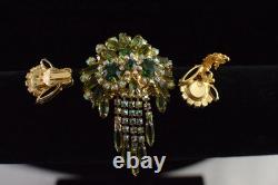 VTG Juliana Shades Of Green Navette Tassel Rhinestone Brooch Earring Set Read