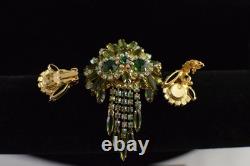 VTG Juliana Shades Of Green Navette Tassel Rhinestone Brooch Earring Set Read