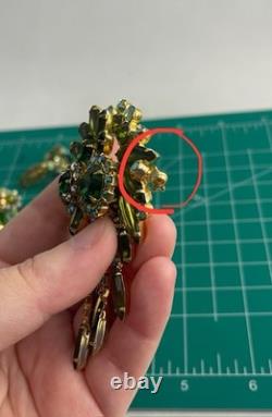 VTG Juliana Shades Of Green Navette Tassel Rhinestone Brooch Earring Set Read