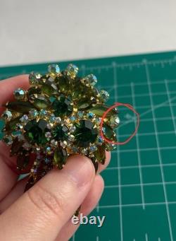 VTG Juliana Shades Of Green Navette Tassel Rhinestone Brooch Earring Set Read