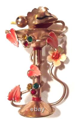 VTG Longcraft Brass & Enamel Bird & Birdbath Costume Figural Pin Brooch 1930s