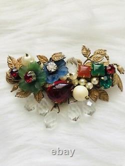VTG MIXED MATERIALS FLORAL CLUSTER BROOCH FAUX PEARLS/RHINESTONE/METAL 3 1/3x2